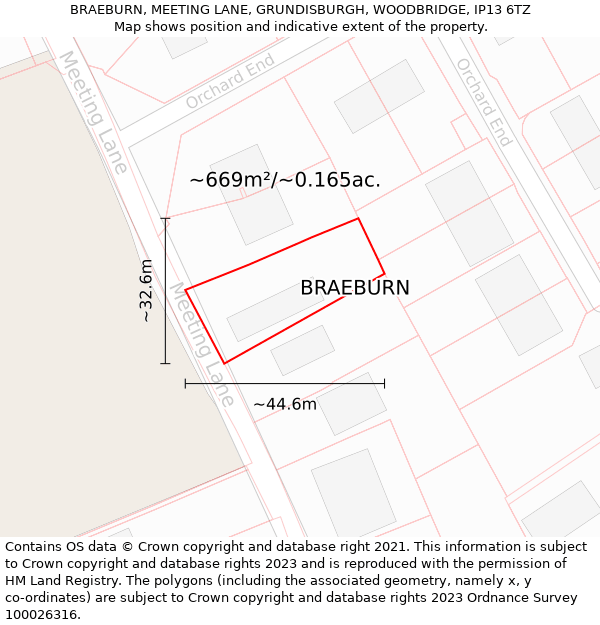 BRAEBURN, MEETING LANE, GRUNDISBURGH, WOODBRIDGE, IP13 6TZ: Plot and title map