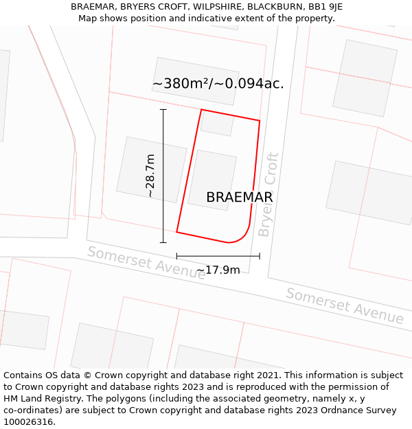 BRAEMAR, BRYERS CROFT, WILPSHIRE, BLACKBURN, BB1 9JE: Plot and title map