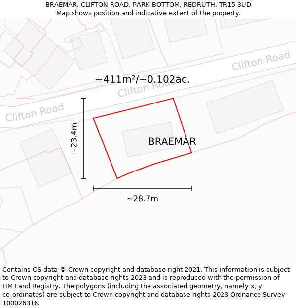 BRAEMAR, CLIFTON ROAD, PARK BOTTOM, REDRUTH, TR15 3UD: Plot and title map