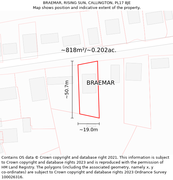 BRAEMAR, RISING SUN, CALLINGTON, PL17 8JE: Plot and title map