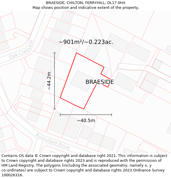 BRAESIDE, CHILTON, FERRYHILL, DL17 0HA: Plot and title map