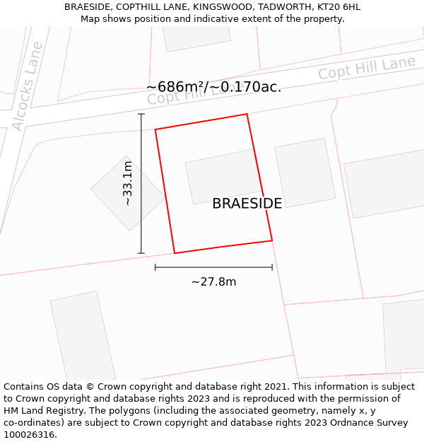 BRAESIDE, COPTHILL LANE, KINGSWOOD, TADWORTH, KT20 6HL: Plot and title map