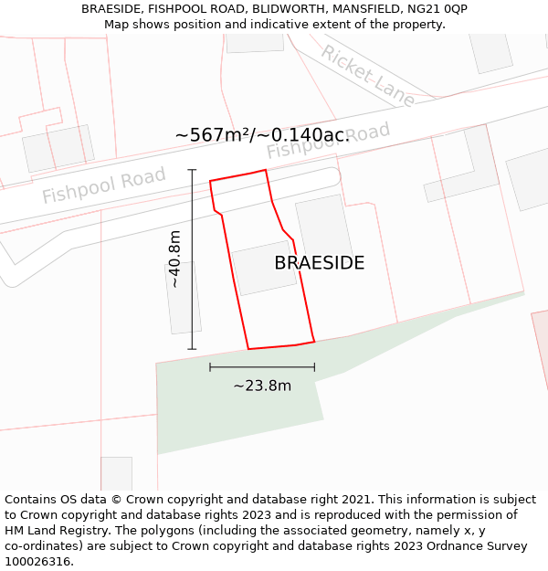 BRAESIDE, FISHPOOL ROAD, BLIDWORTH, MANSFIELD, NG21 0QP: Plot and title map