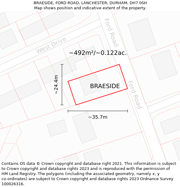 BRAESIDE, FORD ROAD, LANCHESTER, DURHAM, DH7 0SH: Plot and title map