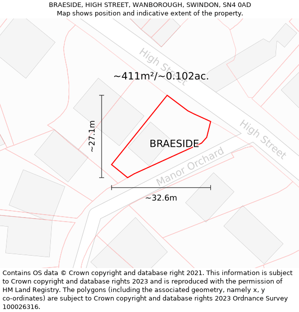 BRAESIDE, HIGH STREET, WANBOROUGH, SWINDON, SN4 0AD: Plot and title map