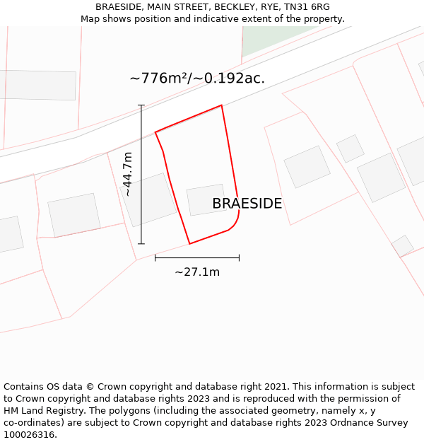 BRAESIDE, MAIN STREET, BECKLEY, RYE, TN31 6RG: Plot and title map