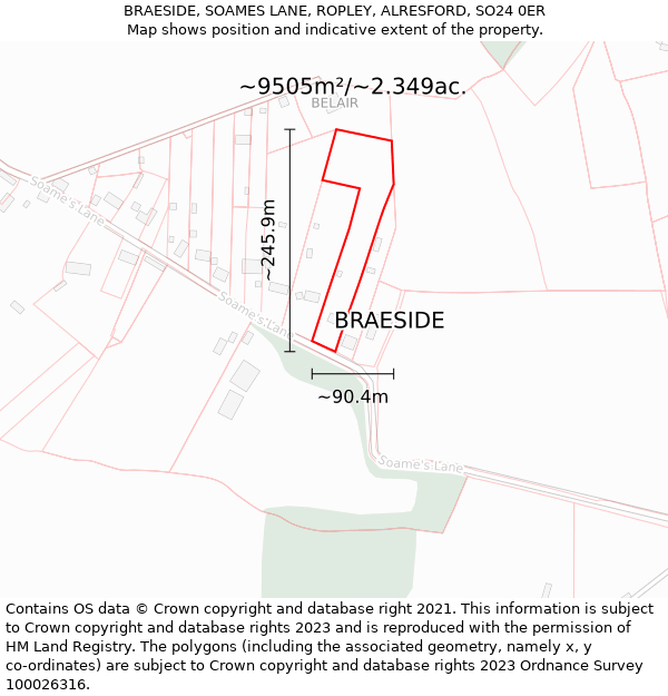 BRAESIDE, SOAMES LANE, ROPLEY, ALRESFORD, SO24 0ER: Plot and title map