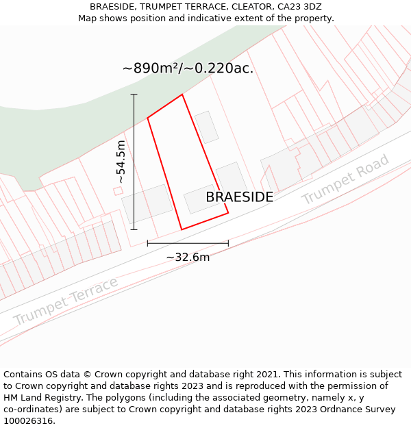 BRAESIDE, TRUMPET TERRACE, CLEATOR, CA23 3DZ: Plot and title map