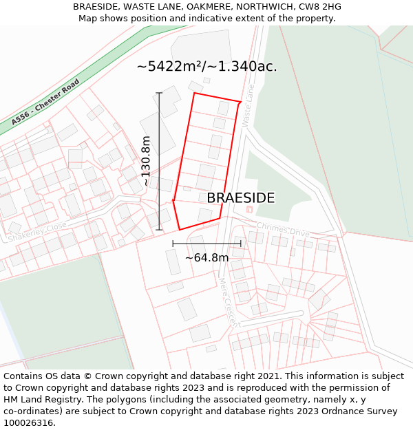 BRAESIDE, WASTE LANE, OAKMERE, NORTHWICH, CW8 2HG: Plot and title map