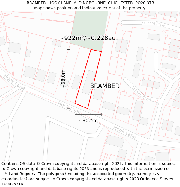 BRAMBER, HOOK LANE, ALDINGBOURNE, CHICHESTER, PO20 3TB: Plot and title map