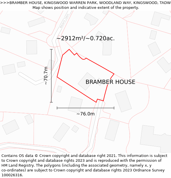 BRAMBER HOUSE, KINGSWOOD WARREN PARK, WOODLAND WAY, KINGSWOOD, TADWORTH, KT20 6AD: Plot and title map