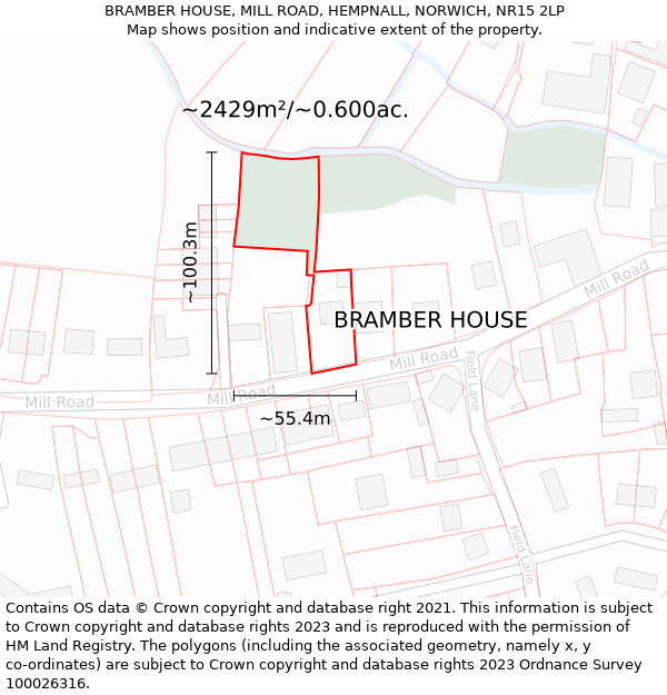 BRAMBER HOUSE, MILL ROAD, HEMPNALL, NORWICH, NR15 2LP: Plot and title map