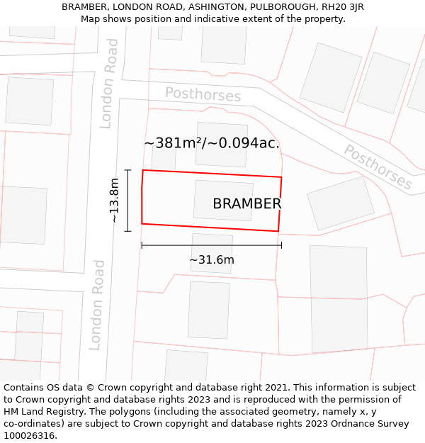 BRAMBER, LONDON ROAD, ASHINGTON, PULBOROUGH, RH20 3JR: Plot and title map