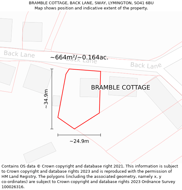 BRAMBLE COTTAGE, BACK LANE, SWAY, LYMINGTON, SO41 6BU: Plot and title map