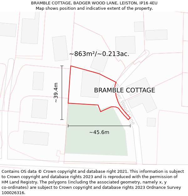 BRAMBLE COTTAGE, BADGER WOOD LANE, LEISTON, IP16 4EU: Plot and title map