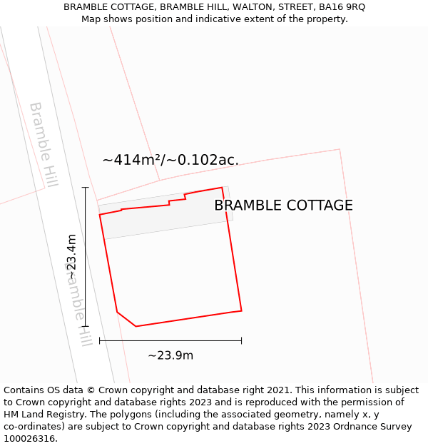 BRAMBLE COTTAGE, BRAMBLE HILL, WALTON, STREET, BA16 9RQ: Plot and title map