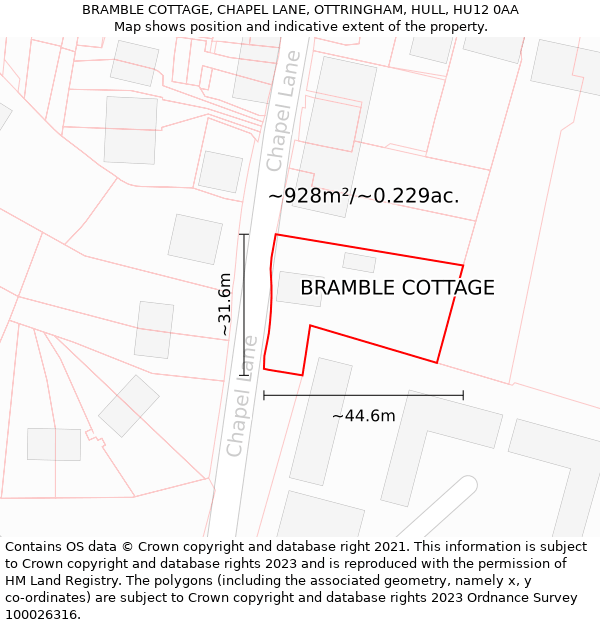 BRAMBLE COTTAGE, CHAPEL LANE, OTTRINGHAM, HULL, HU12 0AA: Plot and title map