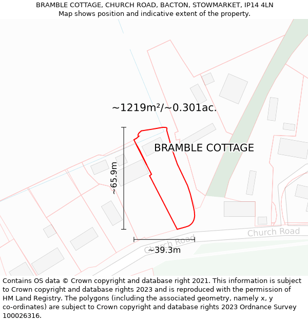 BRAMBLE COTTAGE, CHURCH ROAD, BACTON, STOWMARKET, IP14 4LN: Plot and title map