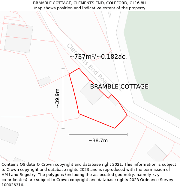 BRAMBLE COTTAGE, CLEMENTS END, COLEFORD, GL16 8LL: Plot and title map