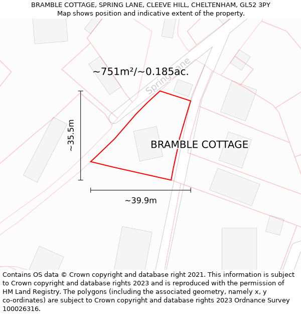 BRAMBLE COTTAGE, SPRING LANE, CLEEVE HILL, CHELTENHAM, GL52 3PY: Plot and title map