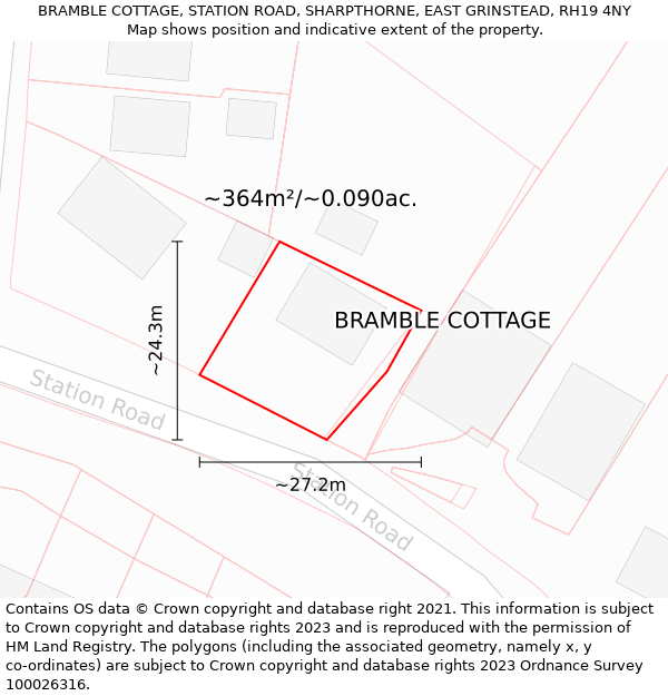 BRAMBLE COTTAGE, STATION ROAD, SHARPTHORNE, EAST GRINSTEAD, RH19 4NY: Plot and title map