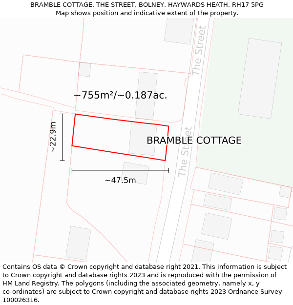BRAMBLE COTTAGE, THE STREET, BOLNEY, HAYWARDS HEATH, RH17 5PG: Plot and title map