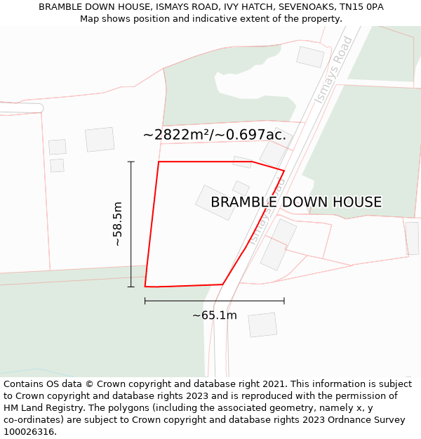 BRAMBLE DOWN HOUSE, ISMAYS ROAD, IVY HATCH, SEVENOAKS, TN15 0PA: Plot and title map