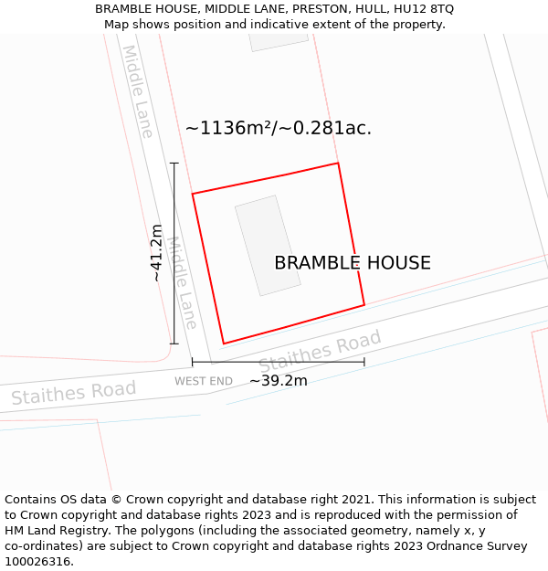 BRAMBLE HOUSE, MIDDLE LANE, PRESTON, HULL, HU12 8TQ: Plot and title map