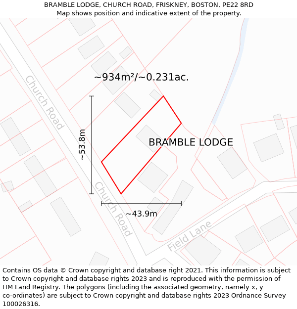 BRAMBLE LODGE, CHURCH ROAD, FRISKNEY, BOSTON, PE22 8RD: Plot and title map