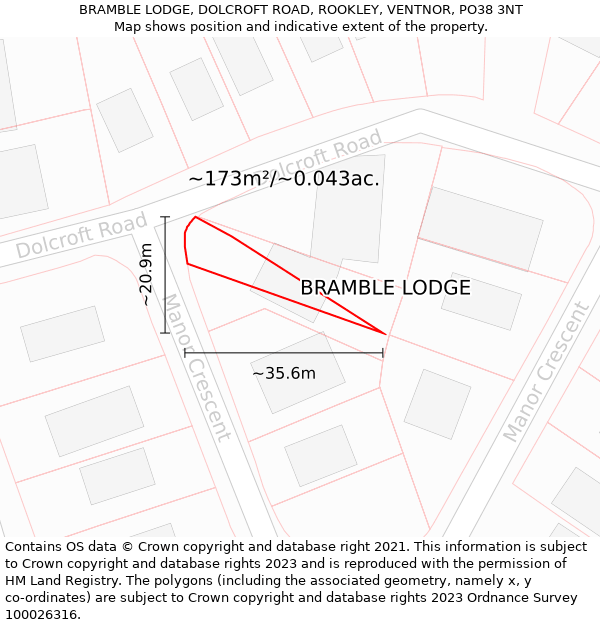 BRAMBLE LODGE, DOLCROFT ROAD, ROOKLEY, VENTNOR, PO38 3NT: Plot and title map