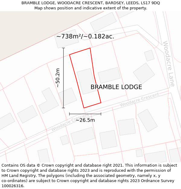 BRAMBLE LODGE, WOODACRE CRESCENT, BARDSEY, LEEDS, LS17 9DQ: Plot and title map