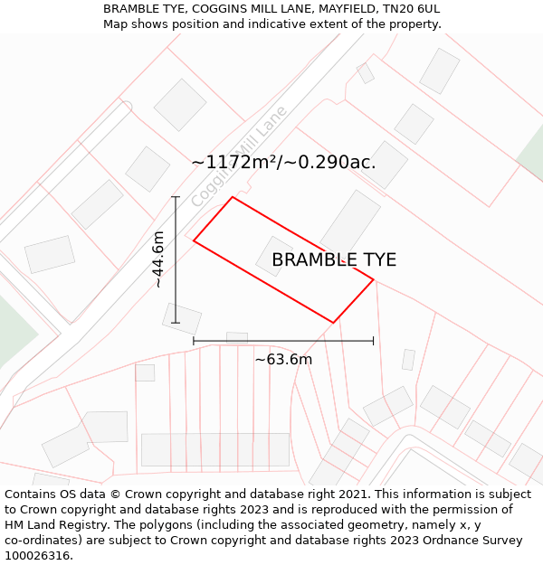 BRAMBLE TYE, COGGINS MILL LANE, MAYFIELD, TN20 6UL: Plot and title map