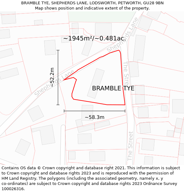 BRAMBLE TYE, SHEPHERDS LANE, LODSWORTH, PETWORTH, GU28 9BN: Plot and title map