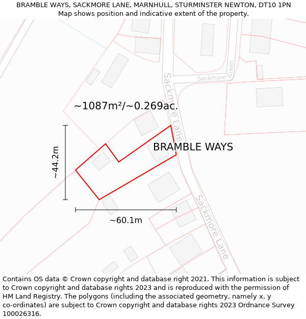 BRAMBLE WAYS, SACKMORE LANE, MARNHULL, STURMINSTER NEWTON, DT10 1PN: Plot and title map