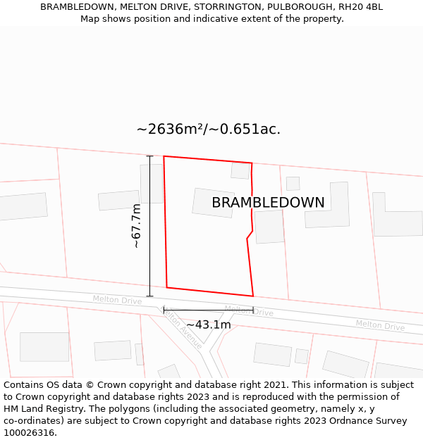 BRAMBLEDOWN, MELTON DRIVE, STORRINGTON, PULBOROUGH, RH20 4BL: Plot and title map