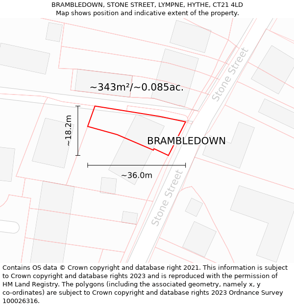 BRAMBLEDOWN, STONE STREET, LYMPNE, HYTHE, CT21 4LD: Plot and title map