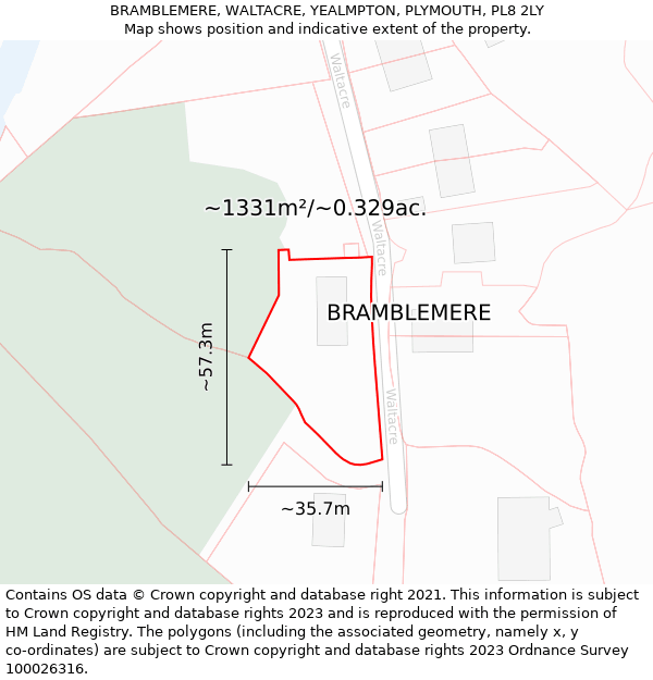 BRAMBLEMERE, WALTACRE, YEALMPTON, PLYMOUTH, PL8 2LY: Plot and title map