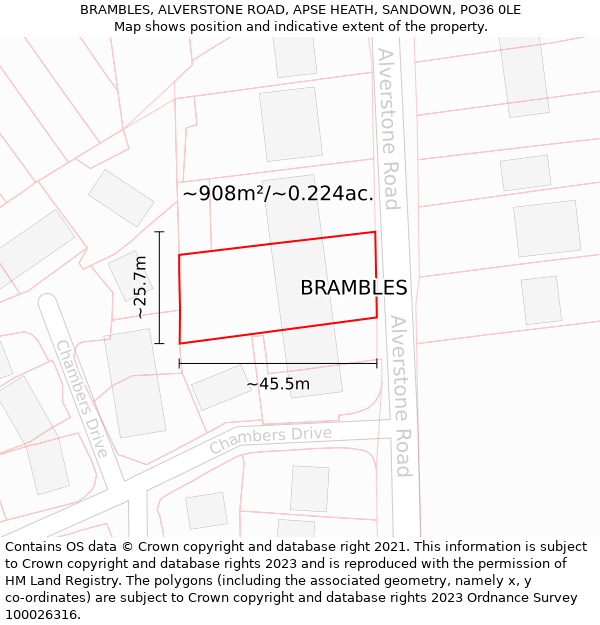 BRAMBLES, ALVERSTONE ROAD, APSE HEATH, SANDOWN, PO36 0LE: Plot and title map