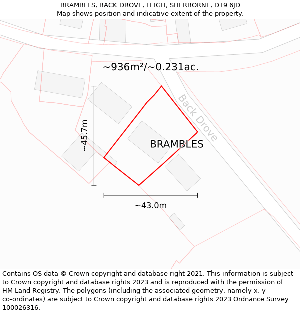 BRAMBLES, BACK DROVE, LEIGH, SHERBORNE, DT9 6JD: Plot and title map