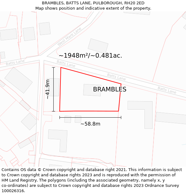 BRAMBLES, BATTS LANE, PULBOROUGH, RH20 2ED: Plot and title map