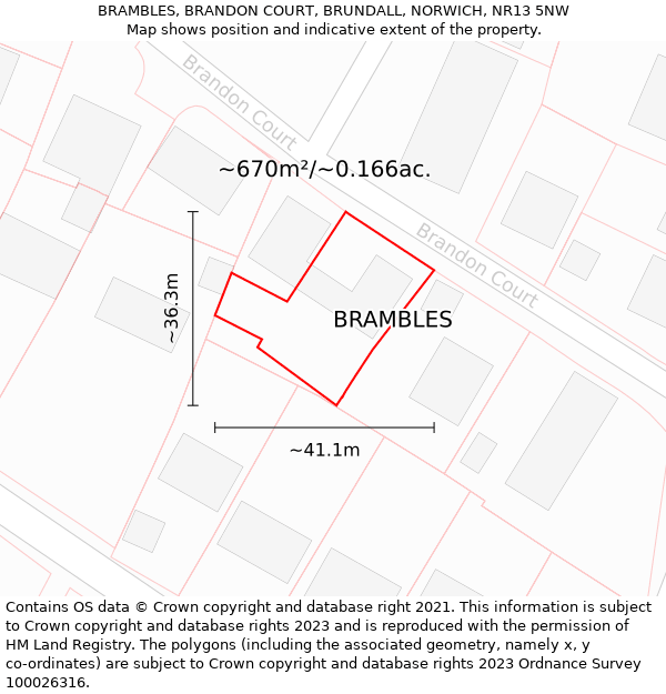 BRAMBLES, BRANDON COURT, BRUNDALL, NORWICH, NR13 5NW: Plot and title map