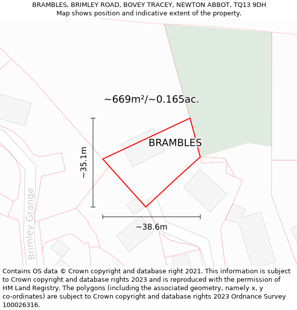 BRAMBLES, BRIMLEY ROAD, BOVEY TRACEY, NEWTON ABBOT, TQ13 9DH: Plot and title map