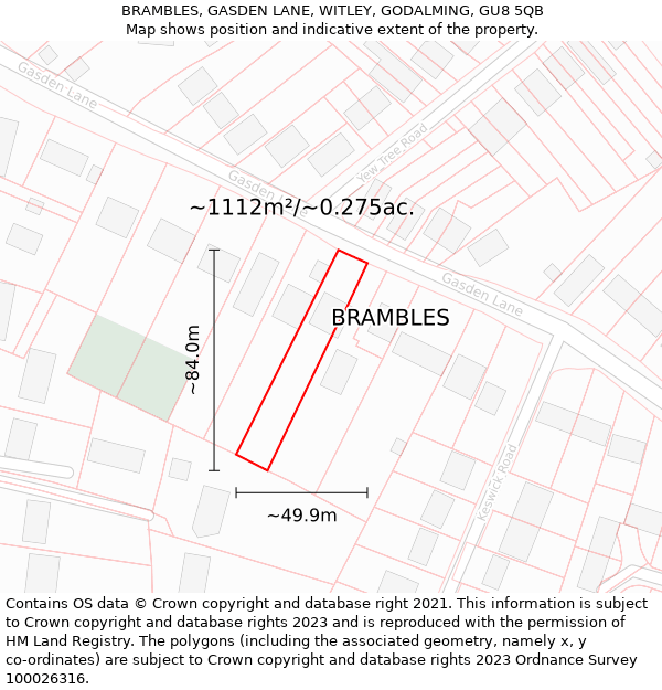 BRAMBLES, GASDEN LANE, WITLEY, GODALMING, GU8 5QB: Plot and title map