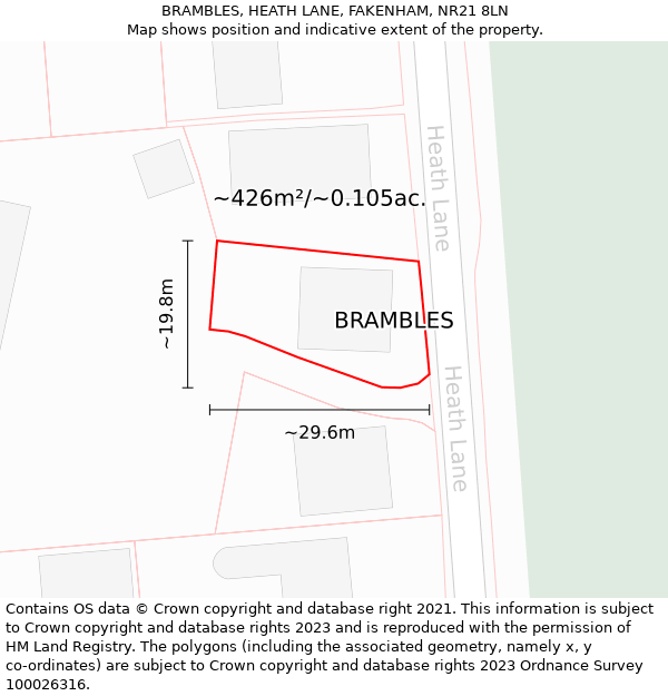 BRAMBLES, HEATH LANE, FAKENHAM, NR21 8LN: Plot and title map