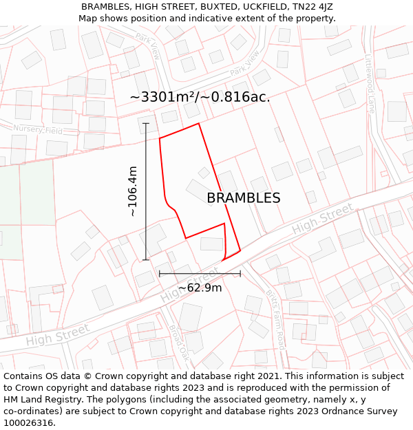 BRAMBLES, HIGH STREET, BUXTED, UCKFIELD, TN22 4JZ: Plot and title map