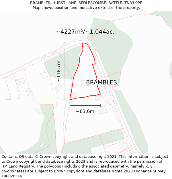 BRAMBLES, HURST LANE, SEDLESCOMBE, BATTLE, TN33 0PE: Plot and title map