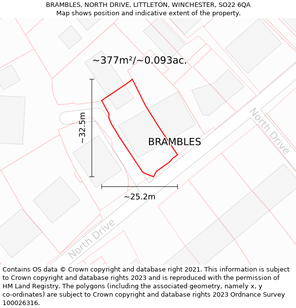 BRAMBLES, NORTH DRIVE, LITTLETON, WINCHESTER, SO22 6QA: Plot and title map