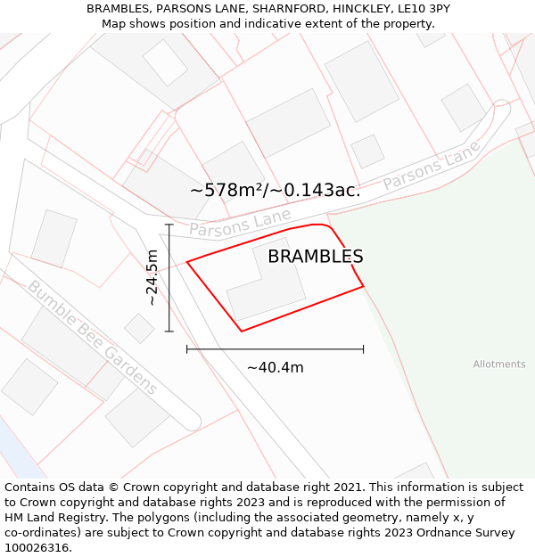 BRAMBLES, PARSONS LANE, SHARNFORD, HINCKLEY, LE10 3PY: Plot and title map