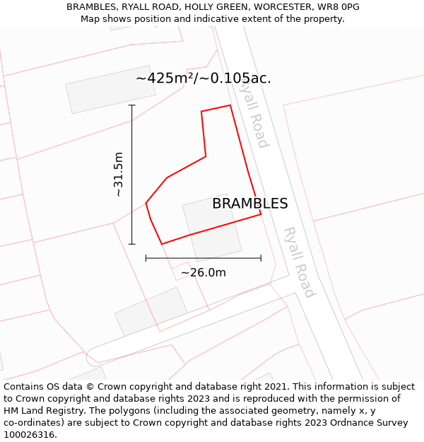 BRAMBLES, RYALL ROAD, HOLLY GREEN, WORCESTER, WR8 0PG: Plot and title map