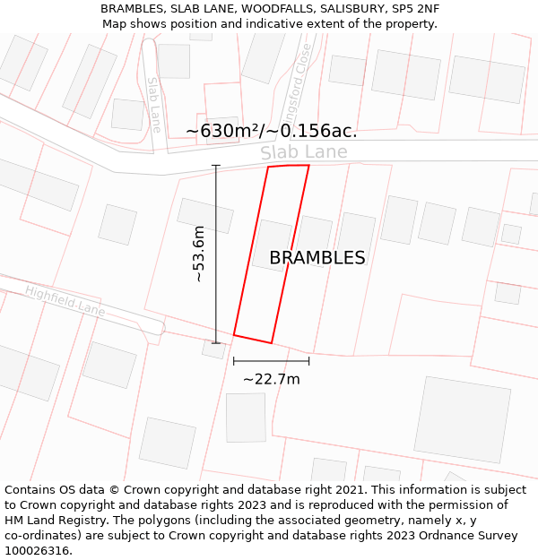 BRAMBLES, SLAB LANE, WOODFALLS, SALISBURY, SP5 2NF: Plot and title map